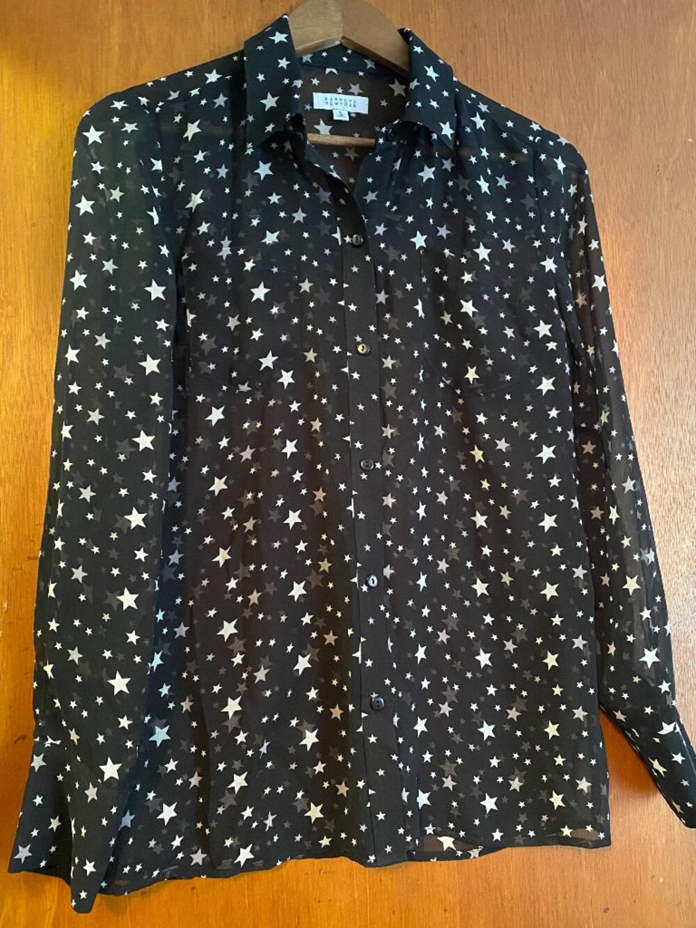 Barneys New York Women's Small Sheer Button Up Blouse Black w/ white stars
